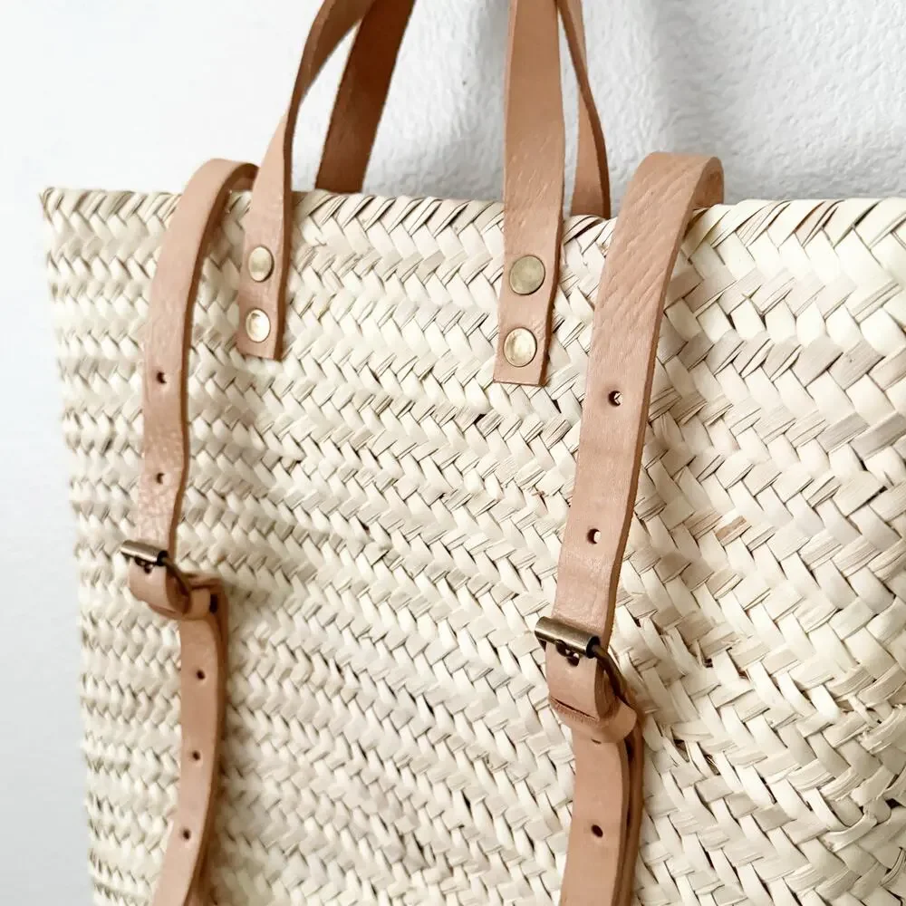 BOUTIQUE | Rattan Woven Wicker Basket Style Backpack Tote Bag Leather Straps - Picture 2 of 7